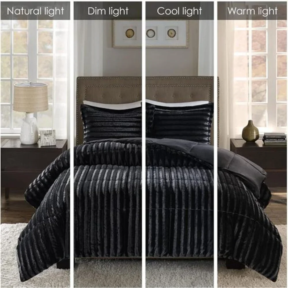 Faux Fur Reversible Comforter Set, Down Alternative Filling, Modern Quilted